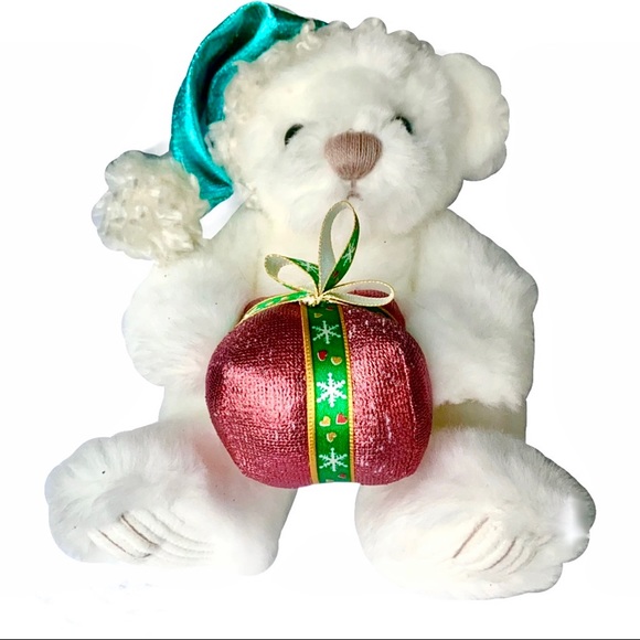 🆕 1st & Main White Plush Teddybear w/Metallic Santa Hat & Present NWT - Picture 3 of 9